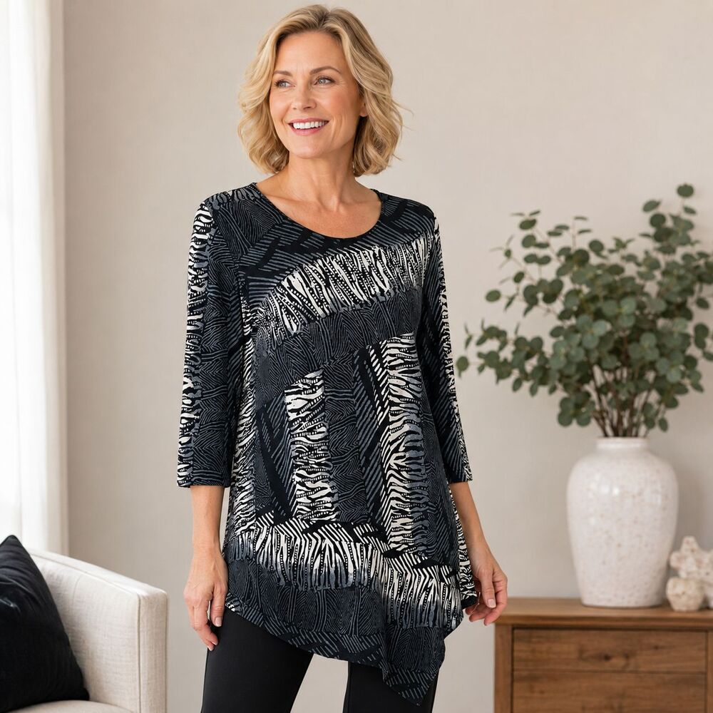 Caroline Rose Asymmetric Tunic Top Black Blue White Abstract Print Stretch Small